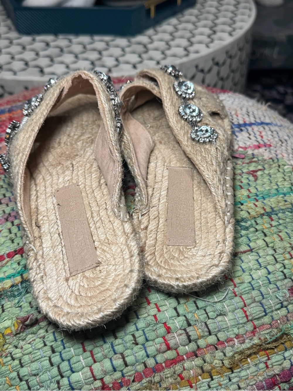 🌞🪩 ASOS Natural Jute Slide Sandals with Crystal Embellishments Boho Woven 🪩🌞 - Picture 4 of 5